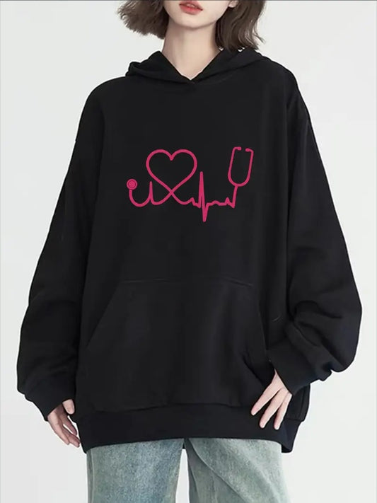 Women'S Casual  Hoodie With Stethoscope And Heart Print, Long Sleeve, Crew Neck, Front Pocket, For All Seasons