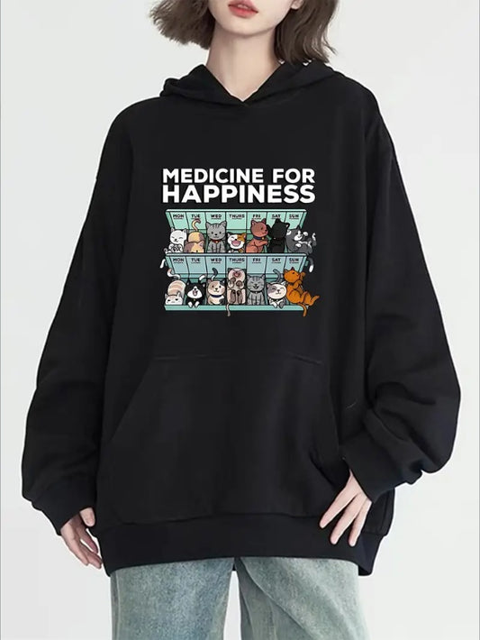 Cat Print Kangaroo Pocket Hoodie, Casual Long Sleeve Hoodies Sweatshirt, Women's Clothing