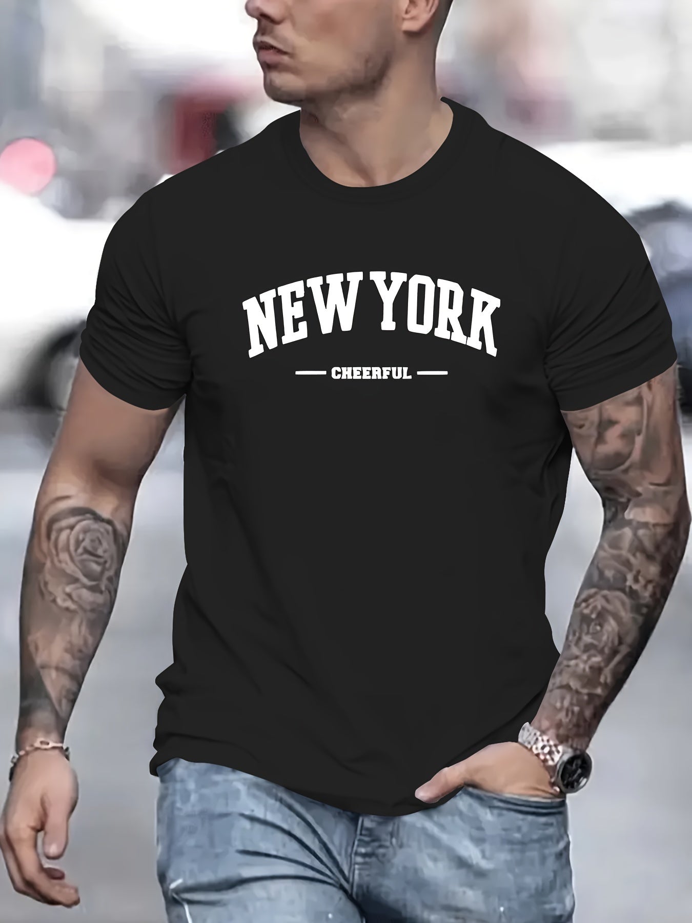 Men's New York Creative Printed Casual Novelty T-shirt, Short Sleeved Summer&spring Top, Comfortable Fit, Fashionable Street Casual Round Neck T-shirt, Suitable For Daily Wear