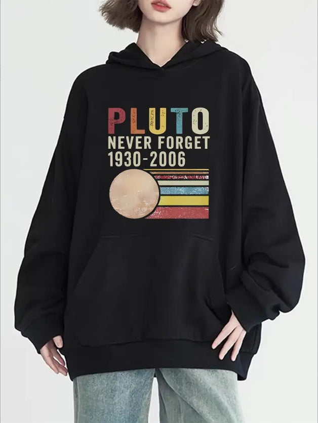 Pluto Never Forget  Graphic Print Hoodie - Casual Pullover With Long Sleeves, Hooded Neckline,  Front Pocket, Comfort Fit For All Seasons