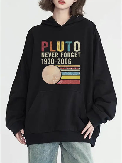 Pluto Never Forget  Graphic Print Hoodie - Casual Pullover With Long Sleeves, Hooded Neckline,  Front Pocket, Comfort Fit For All Seasons