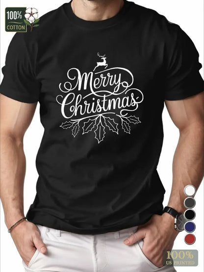 Reindeer Holly Merry Christmas Men's Tshirt Comfort Fit