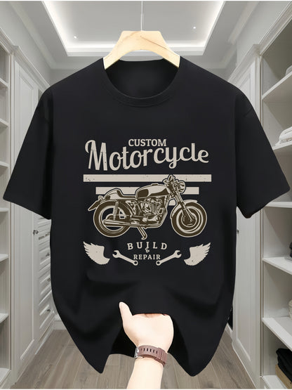 Casual Round Neck T-shirt With Motorcycle Pattern, Geometric Pattern, Short Sleeved Knitted Fabric, Comfortable All Season Wear, Regular Teenage Style - Motorcycle Letter Print Design