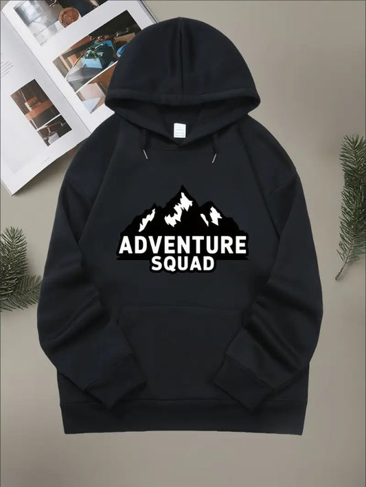 Adventure Squad Mountain Print Hoodie For Women, Casual Style Pullover With Drawstring And Kangaroo Pocket Suitable For Spring, Autumn, And Winter - Adult Hooded Sweatshirt