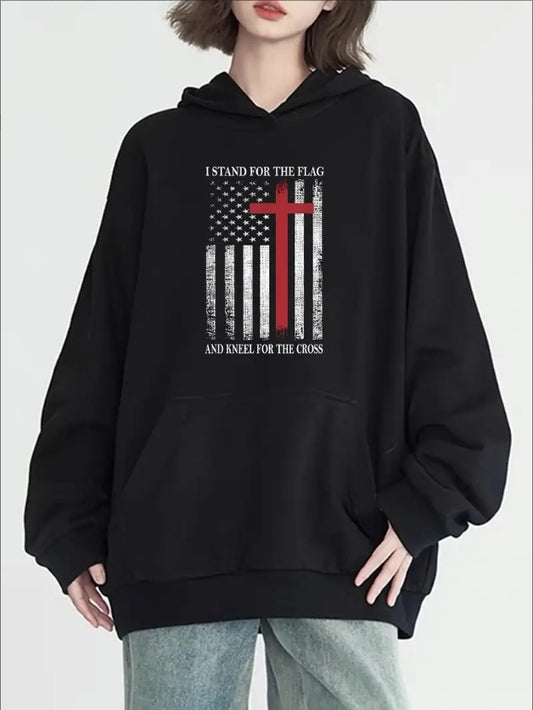 Women's Casual Flag Print Hoodie With Pockets - Long Sleeve, Round Neck Pullover For Fall & Winter Fashion