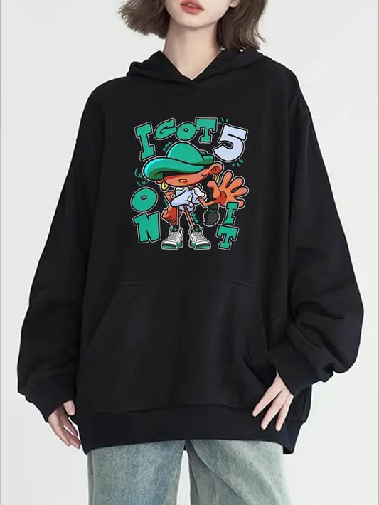 Plus Size Women'S Fashion Cartoon Girl Pattern Print Hoodie Casual  With Pockets For All Seasons
