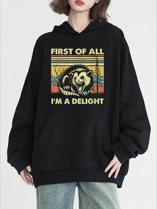 Plus Size Women's Casual Hoodie With Cute Hedgehog Print - Long Sleeve, Kangaroo Pocket, Cozy  Machine Washable - Perfect For Fall & Winter