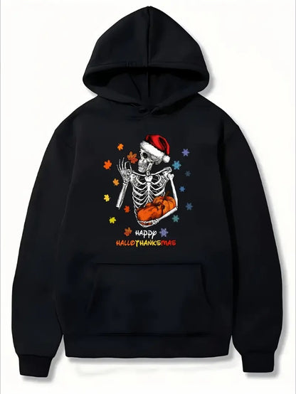 Women'S Casual Hoodie With Skeleton Pumpkin Christmas Print, Long Sleeve, Hooded, Pullover, Regular Fit, Fall Winter Collection