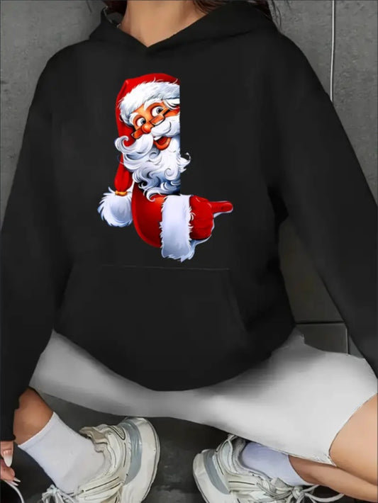 Festive Christmas Santa Claus Print Hooded Sweatshirt For Women, Casual Long Sleeve Pullover With Kangaroo Pocket, All-Season Polyester Hoodie, Machine Washable