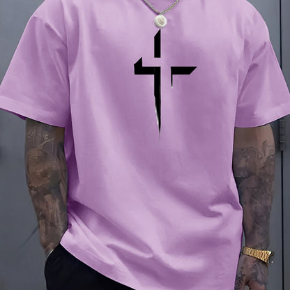 Cross Creative Printed Men's Casual T-shirt, Summer Fashionable Round Neck Short Sleeved Top, Men's Modern Street Style