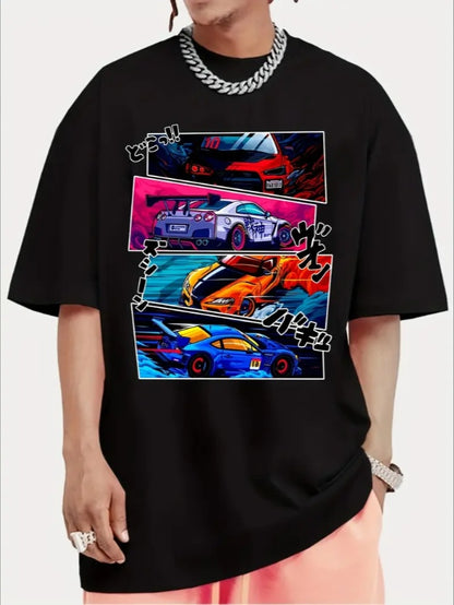 Men Street Style T-shirt, Short-sleeved T-shirt, Summer Outdoor Sports Car Print T-shirt