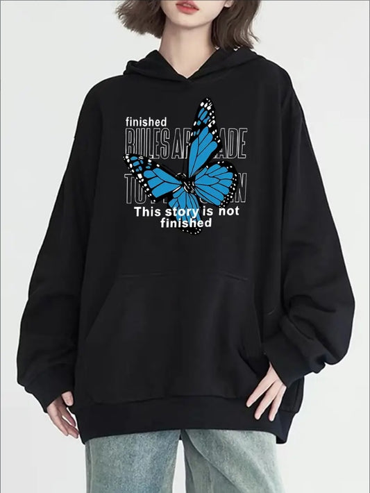 Women's Casual Butterfly Print Hoodie With Kangaroo Pocket - Long Sleeve, Machine Washable