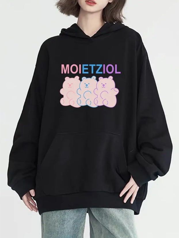 Women'S Fashion Three Little Bears Pattern Printed Hoodie, Long Sleeve, Round Neck, With Pockets, Casual Pullover, Versatile And Fashionable For Autumn And Winter