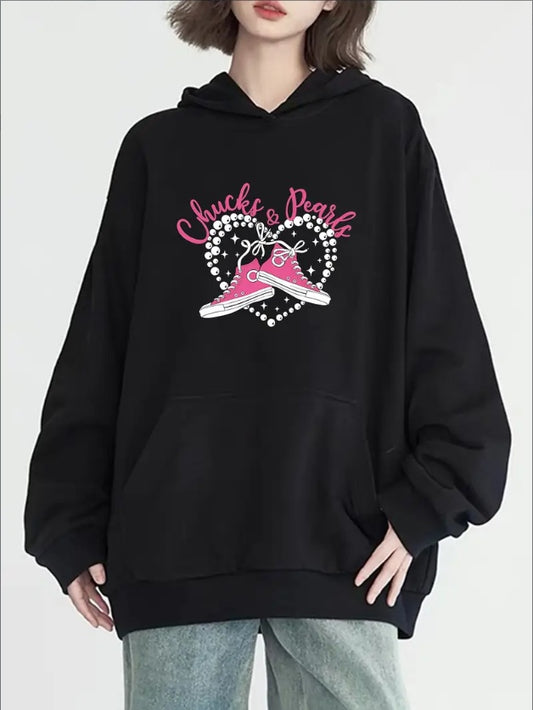 Women's Casual Hoodie With Canvas Sneaker Print - Long Sleeve, Round Neck With Pockets, Cozy Knit Pullover For Fall & Winter