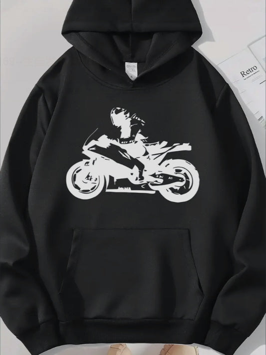 Motorcycle Print Kangaroo Pocket Hoodie, Casual Long Sleeve Drawstring Hoodies Sweatshirt, Women's Clothing