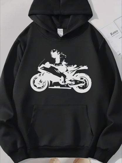 Motorcycle Print Kangaroo Pocket Hoodie, Casual Long Sleeve Drawstring Hoodies Sweatshirt, Women's Clothing