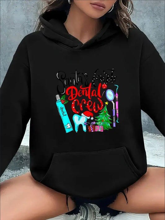 Christmas Dental Crew Graphic Hoodie For Women, Festive Santa & Gifts Print, All-Season Hooded Sweatshirt Comfortable Lightweight Casual Wear