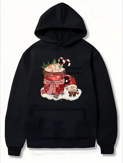 Women'S Christmas Themed Hoodie, Casual Style, Regular Fit, Long Sleeve, Hooded, With Front Pocket, Knit Fabric Pullover With Marshmallows And Wishes Print For Fall Winter