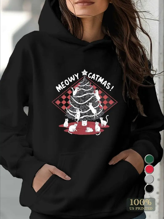 Cozy Cat Christmas Hoodie For Women - Casual Long Sleeve With Kangaroo Pocket,Machine Washable - Perfect Fall Winter Fashion Gift