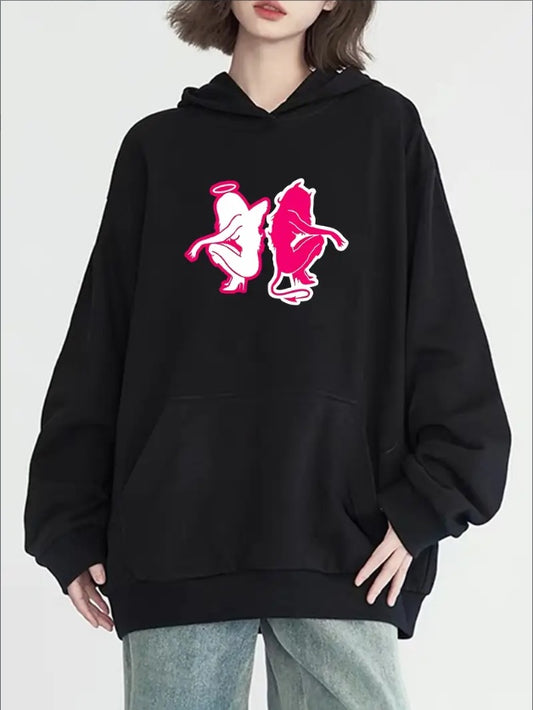 Devil & Angel Print Casual Hoodie With Kangaroo Pocket - Long Sleeve Pullover Sweatshirt For Women, Perfect For Fall & Winter Outdoor Activities