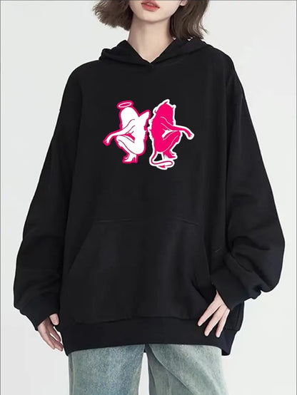 Devil & Angel Print Casual Hoodie With Kangaroo Pocket - Long Sleeve Pullover Sweatshirt For Women, Perfect For Fall & Winter Outdoor Activities
