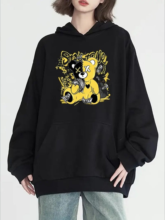Women'S Fashion Bear Print Hoodie, Long Sleeve, Crew Neck, With Pocket, Casual Pullover Sweatshirt, All-Season