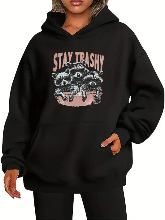 Cozy Women's Long Sleeve Hoodie With Raccoon Print & Kangaroo Pocket - Machine Washable  Casual Pullover