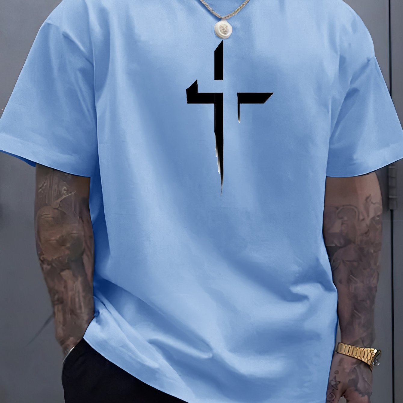 Cross Creative Printed Men's Casual T-shirt, Summer Fashionable Round Neck Short Sleeved Top, Men's Modern Street Style
