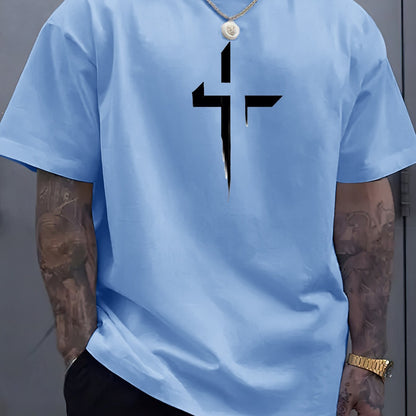 Cross Creative Printed Men's Casual T-shirt, Summer Fashionable Round Neck Short Sleeved Top, Men's Modern Street Style