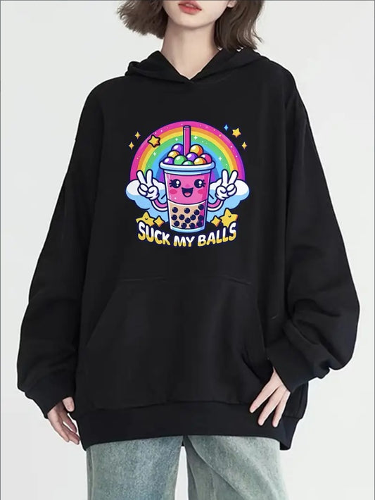 Women's Chic Colorful Pearl Milk Tea Print Hoodie - Casual Long Sleeve With Pockets, Cozy Pullover For Fall & Winter