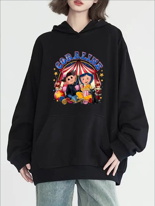 Women's Cartoon Plush Toy Print Hoodie With Pocket, Casual Long Sleeve Sweatshirt, Hooded Neck, Solid Color, Unisex Fashion For All Seasons