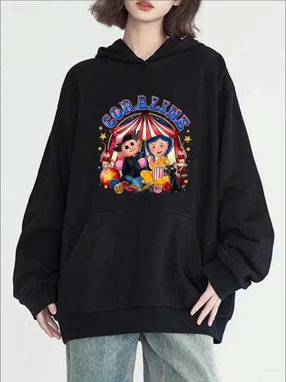 Women's Cartoon Plush Toy Print Hoodie With Pocket, Casual Long Sleeve Sweatshirt, Hooded Neck, Solid Color, Unisex Fashion For All Seasons